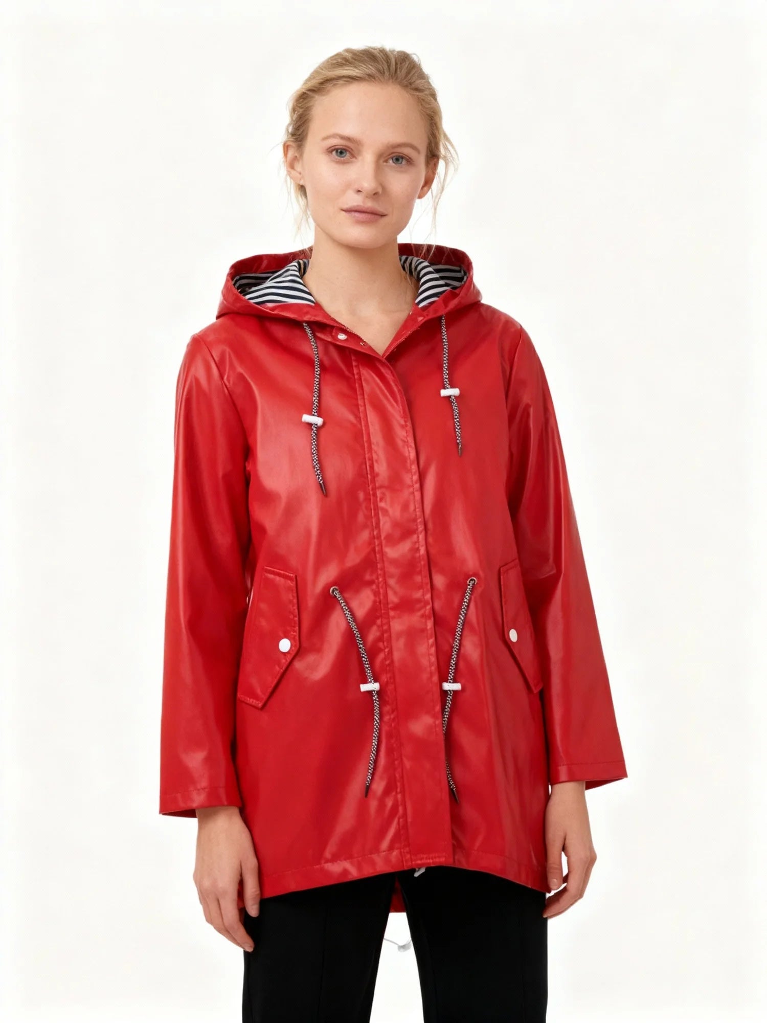 Red Women's Raincoat With Hood — Giselle Lightweight Drawstring Waterproof Parka - Front Closeup