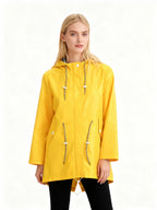 Yellow Women's Raincoat With Hood — Giselle Lightweight Drawstring Waterproof Parka - Front Full