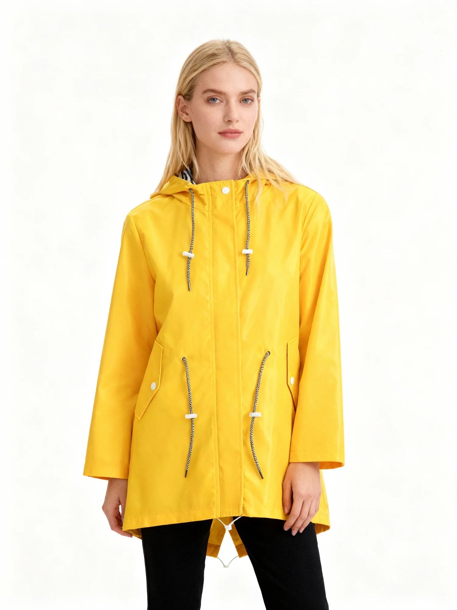 Yellow Women's Raincoat With Hood — Giselle Lightweight Drawstring Waterproof Parka - Front Full