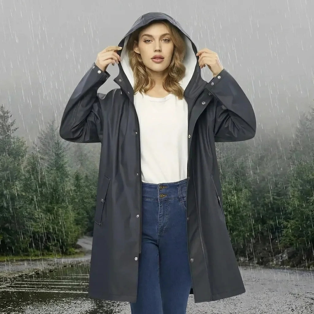 Black Women's Long Raincoat with Hood — Sable Everyday Waterproof Snap-Front - Front Full Hood Worn