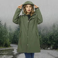 Green Women's Long Raincoat with Hood — Sable Everyday Waterproof Snap-Front - Front Full Hood Up