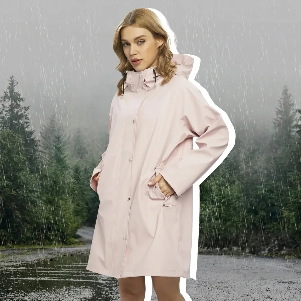 Pink Women's Long Raincoat with Hood — Sable Everyday Waterproof Snap-Front - Side Pose Hands In Pockets