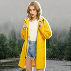 Yellow Women's Long Raincoat with Hood — Sable Everyday Waterproof Snap-Front - Front Full Open Jacket