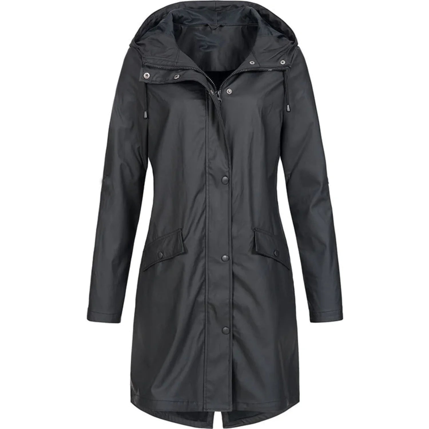 Black Women's Long Hooded Rain Coat — Ophelia Lightweight Waterproof Snap-Button - Front Full