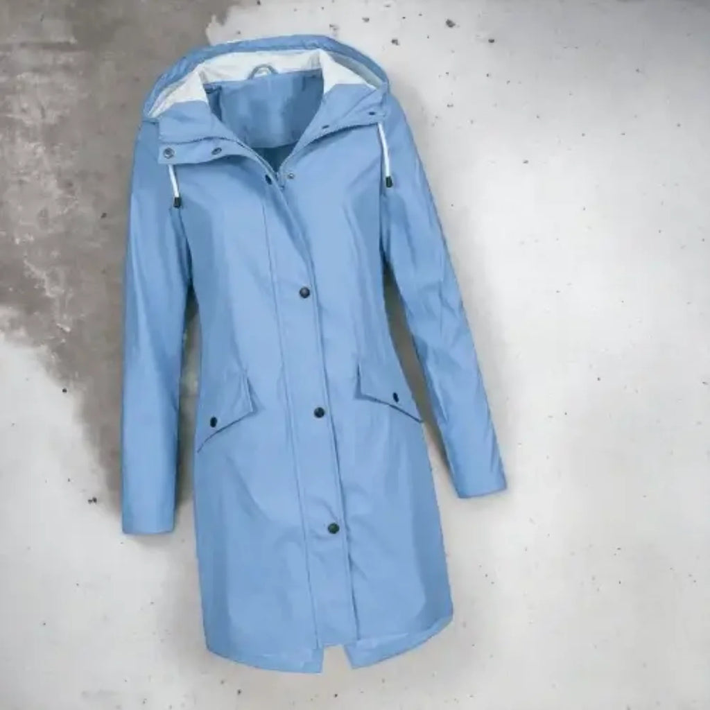 Blue Women's Long Hooded Rain Coat — Ophelia Lightweight Waterproof Snap-Button - Flat Lay