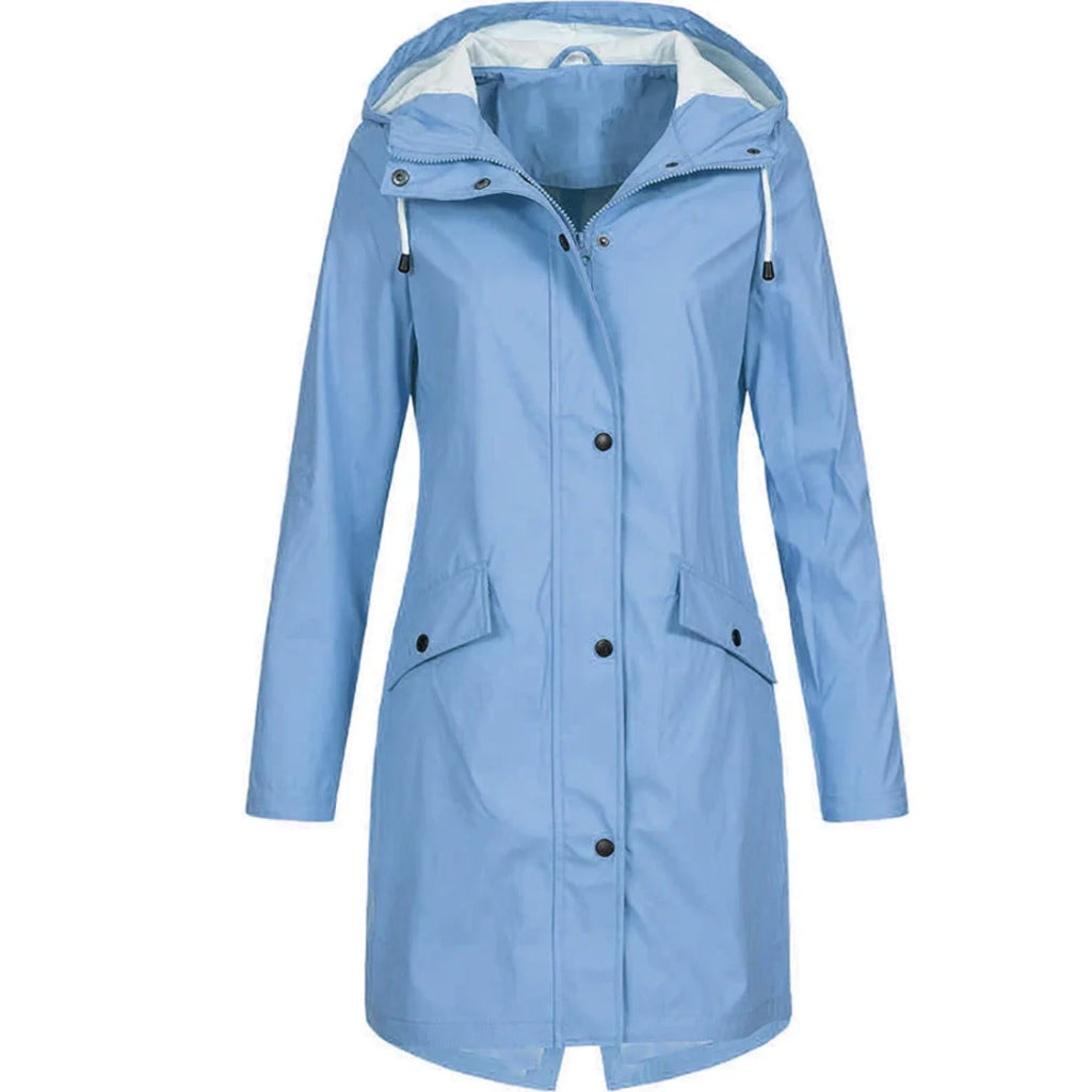 Blue Women's Long Hooded Rain Coat — Ophelia Lightweight Waterproof Snap-Button - Studio Front