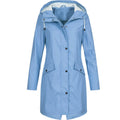 Blue Women's Long Hooded Rain Coat — Ophelia Lightweight Waterproof Snap-Button - Studio Front