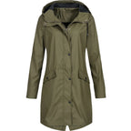 Green Women's Long Hooded Rain Coat — Ophelia Lightweight Waterproof Snap-Button - Front Close