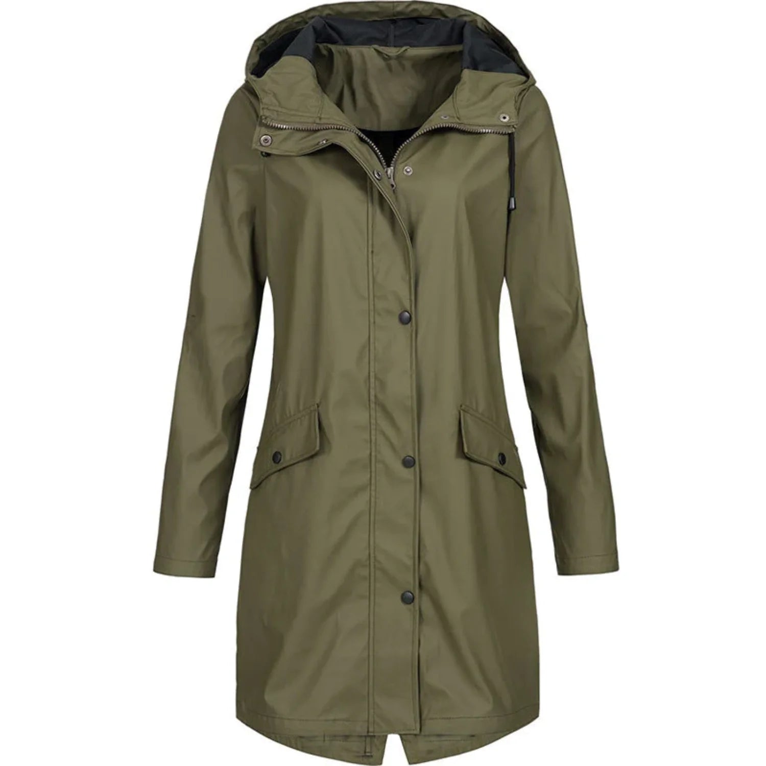 Green Women's Long Hooded Rain Coat — Ophelia Lightweight Waterproof Snap-Button - Front Close