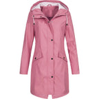Pink Women's Long Hooded Rain Coat — Ophelia Lightweight Waterproof Snap-Button - Hood Detail