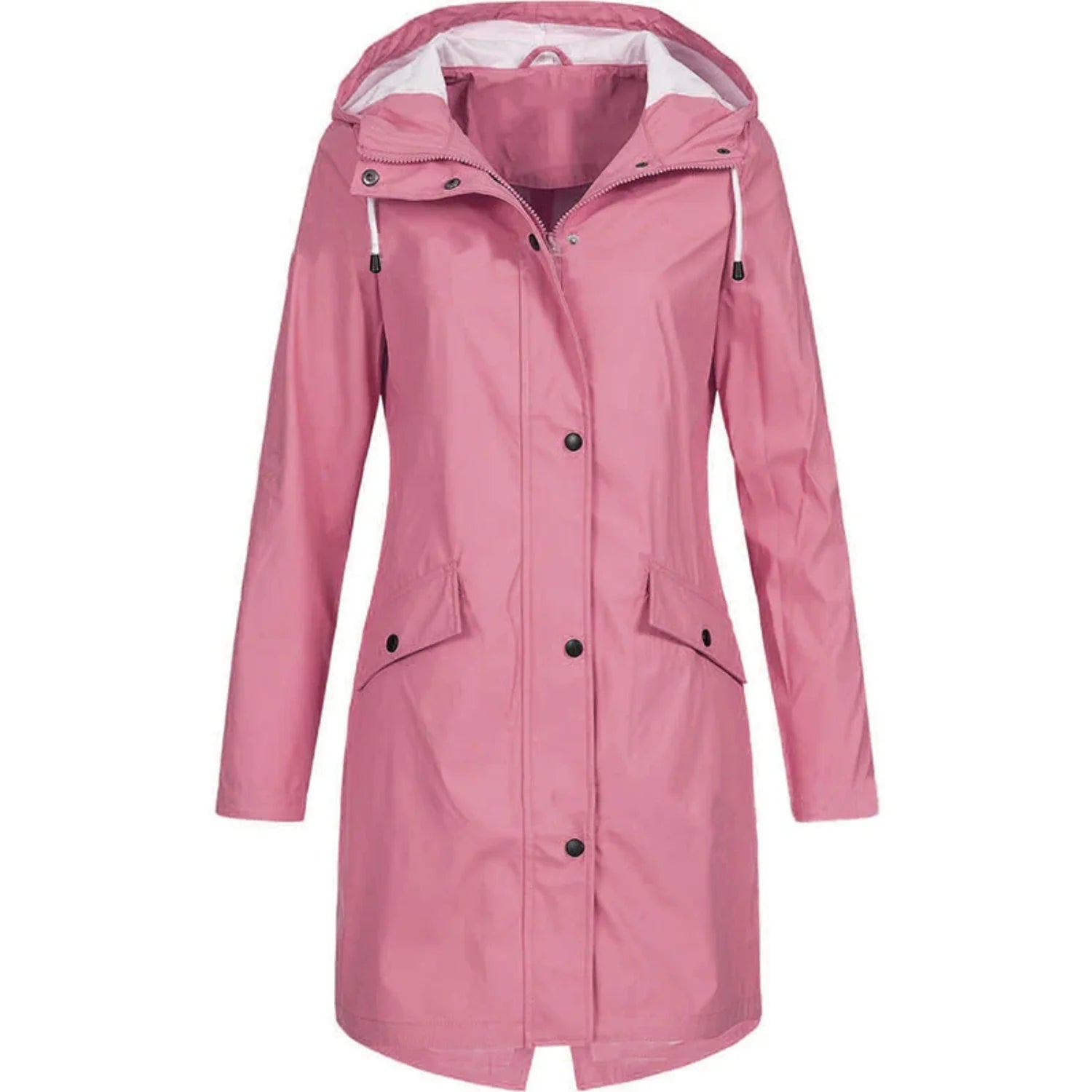Pink Women's Long Hooded Rain Coat — Ophelia Lightweight Waterproof Snap-Button - Hood Detail