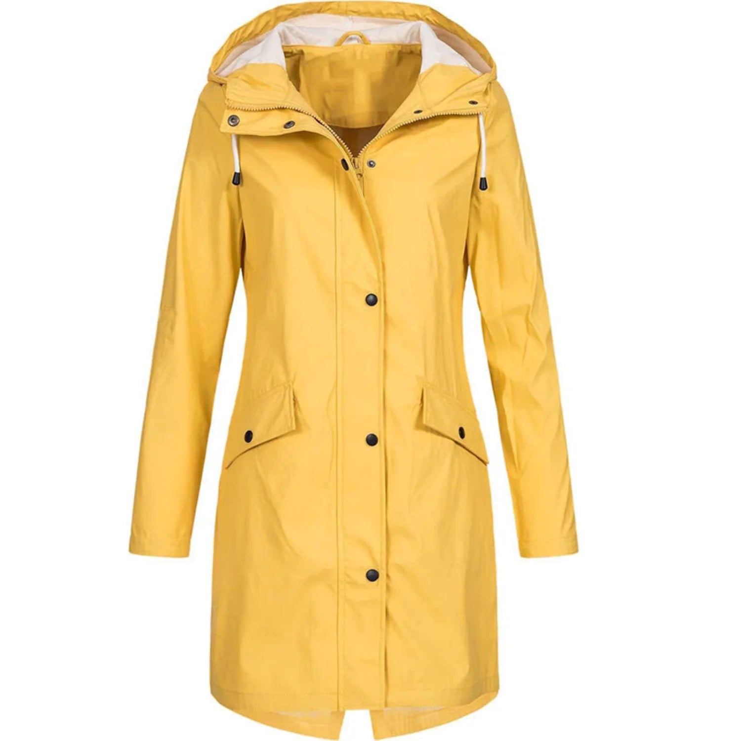 Yellow Women's Long Hooded Rain Coat — Ophelia Lightweight Waterproof Snap-Button - Studio Full