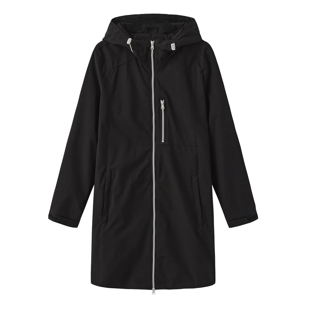 Black Women's Hooded Rain Jacket — Coraline Longline Water-Resistant Zip-Up - Flat Lay