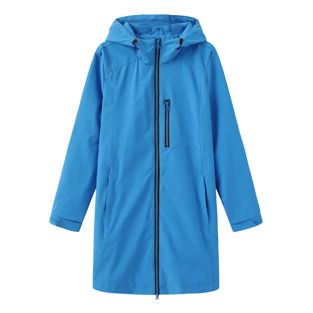 Blue Women's Hooded Rain Jacket — Coraline Longline Water-Resistant Zip-Up - Flat Lay Vivid