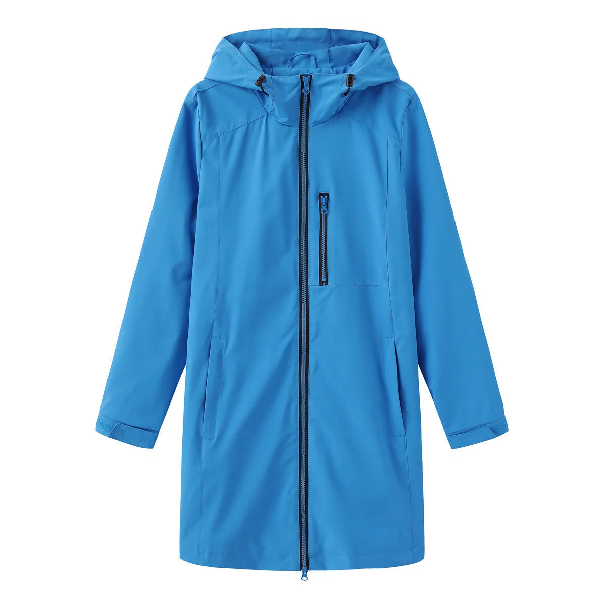 Blue Women's Hooded Rain Jacket — Coraline Longline Water-Resistant Zip-Up - Flat Lay Vivid