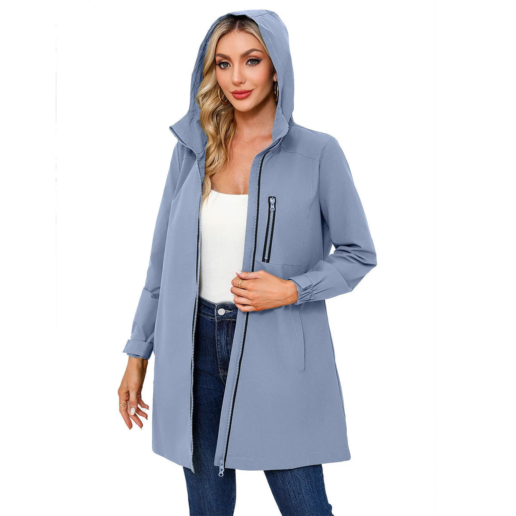Blue Women's Hooded Rain Jacket — Coraline Longline Water-Resistant Zip-Up - Front Full Model