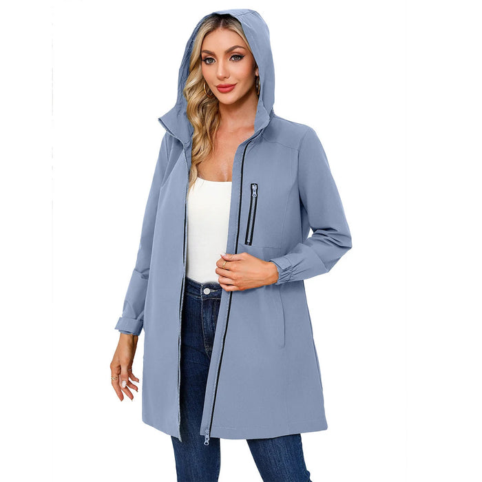 Blue Women's Hooded Rain Jacket - Front Full Model