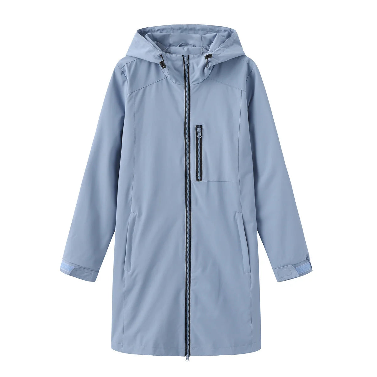 Gray Women's Hooded Rain Jacket — Coraline Longline Water-Resistant Zip-Up - Flat Lay Front