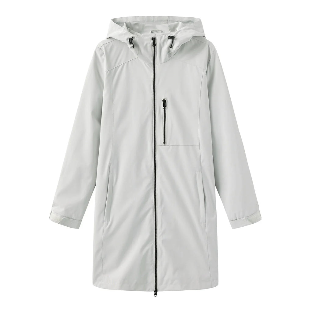Gray Women's Hooded Rain Jacket — Coraline Longline Water-Resistant Zip-Up - Flat Lay Light