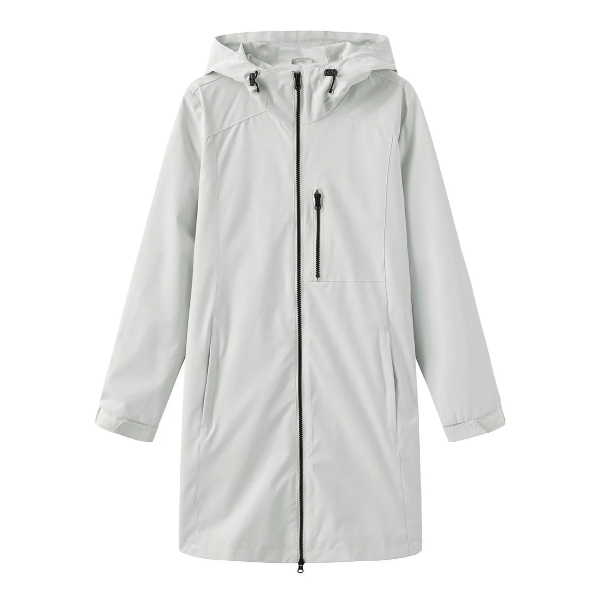 Gray Women's Hooded Rain Jacket — Coraline Longline Water-Resistant Zip-Up - Flat Lay Light