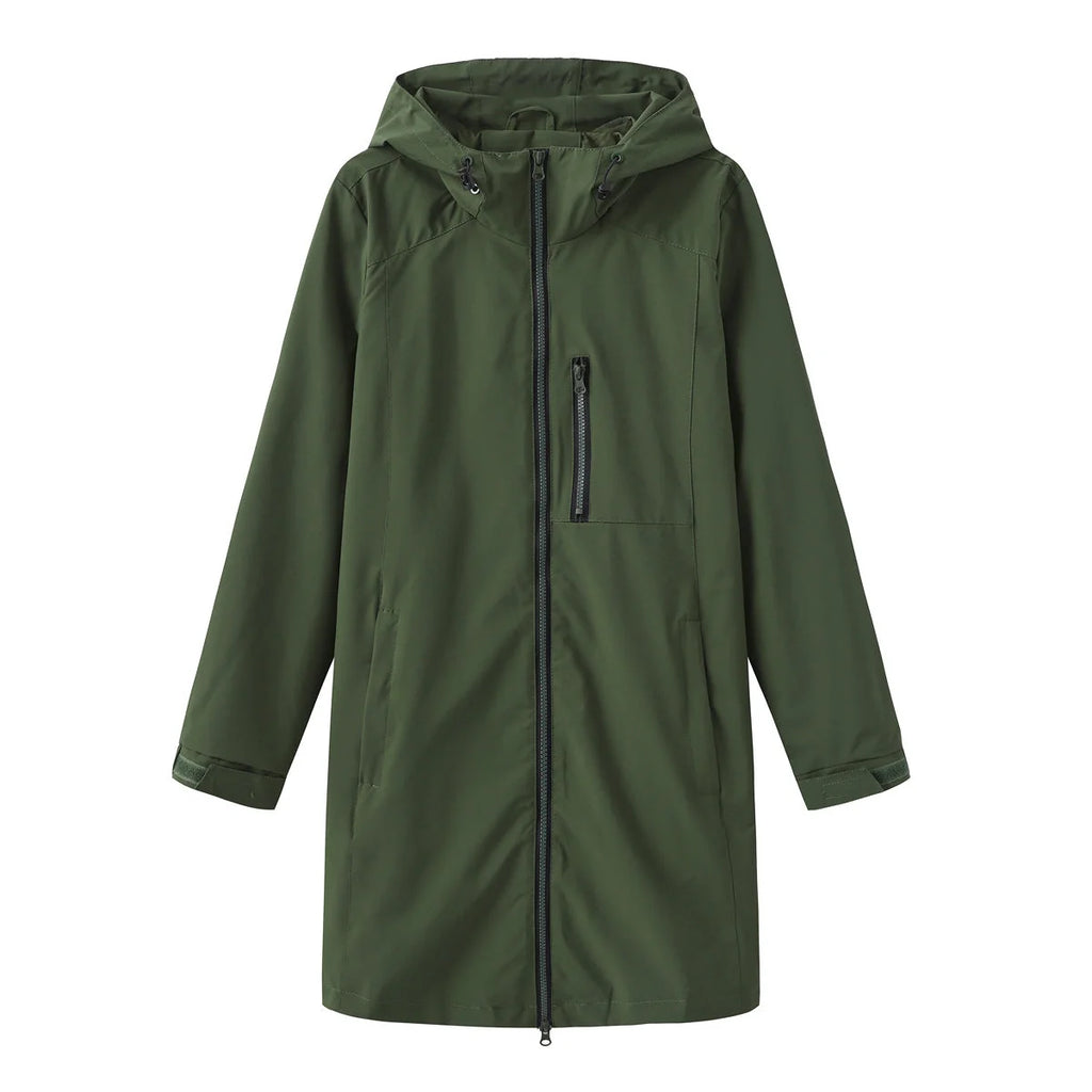 Green Women's Hooded Rain Jacket — Coraline Longline Water-Resistant Zip-Up - Flat Lay