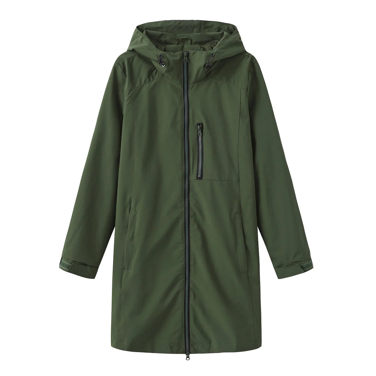 Green Women's Hooded Rain Jacket — Coraline Longline Water-Resistant Zip-Up - Flat Lay