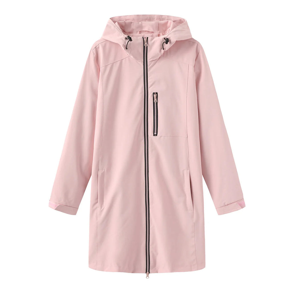 Pink Women's Hooded Rain Jacket — Coraline Longline Water-Resistant Zip-Up - Flat Lay