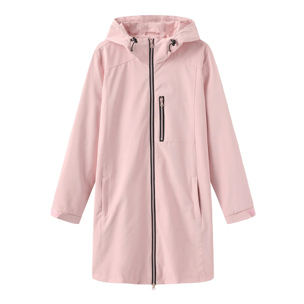 Pink Women's Hooded Rain Jacket — Coraline Longline Water-Resistant Zip-Up - Flat Lay