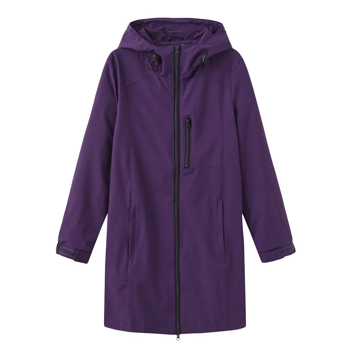 Purple Women's Hooded Rain Jacket — Coraline Longline Water-Resistant Zip-Up - Flat Lay