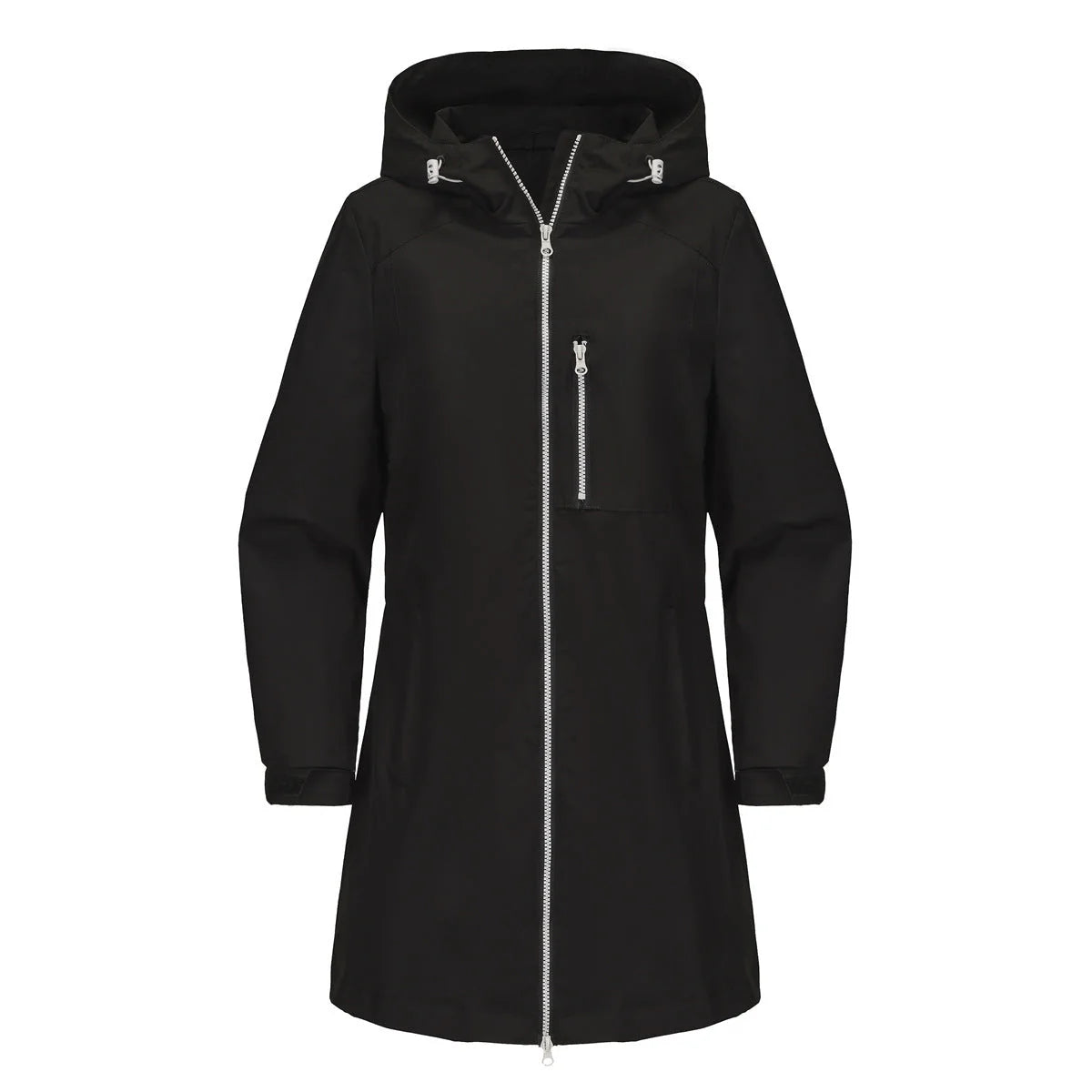 Black Women's Raincoat with Hood — Aurora Water-Resistant Two-Way Zip Longline - Flat Lay
