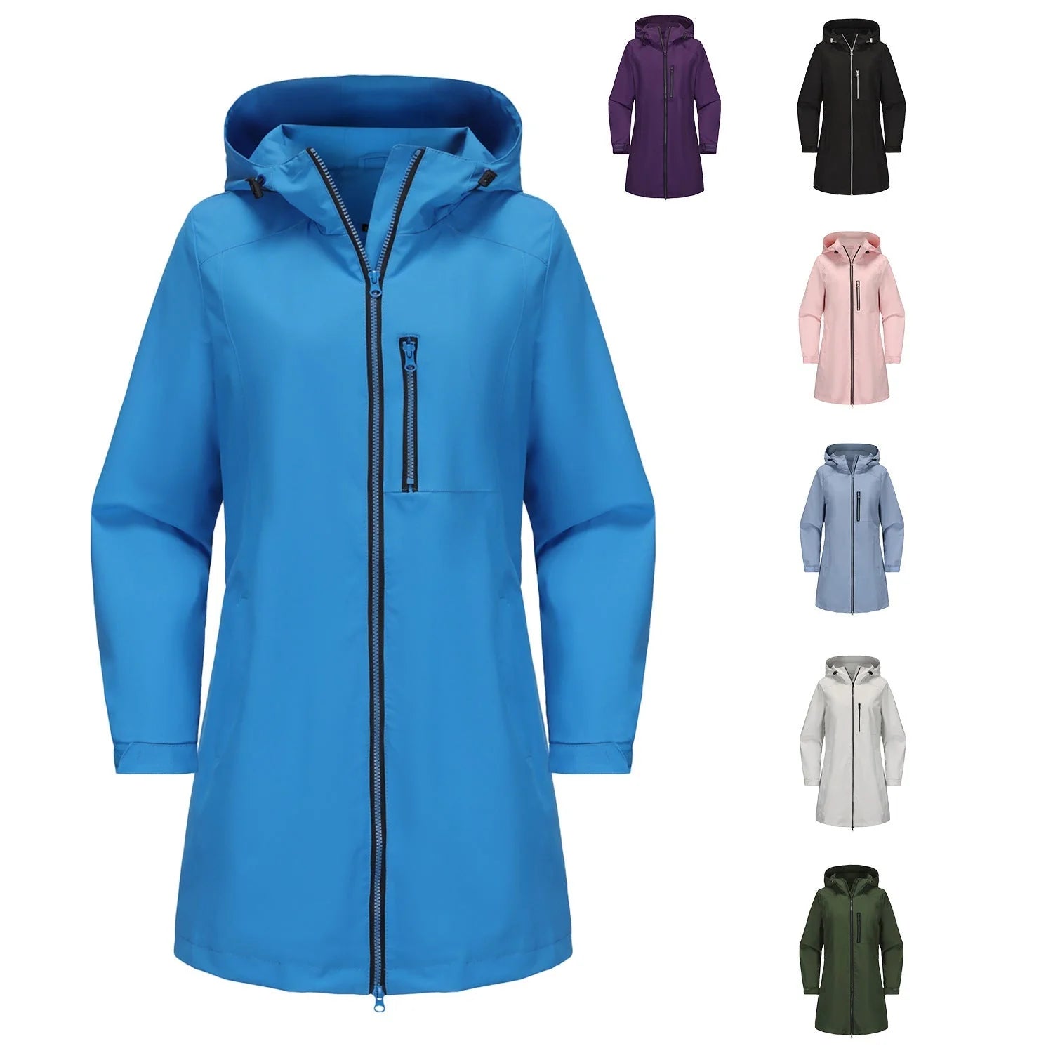 Blue Women's Raincoat with Hood — Aurora Water-Resistant Two-Way Zip Longline - Flat Lay Swatches