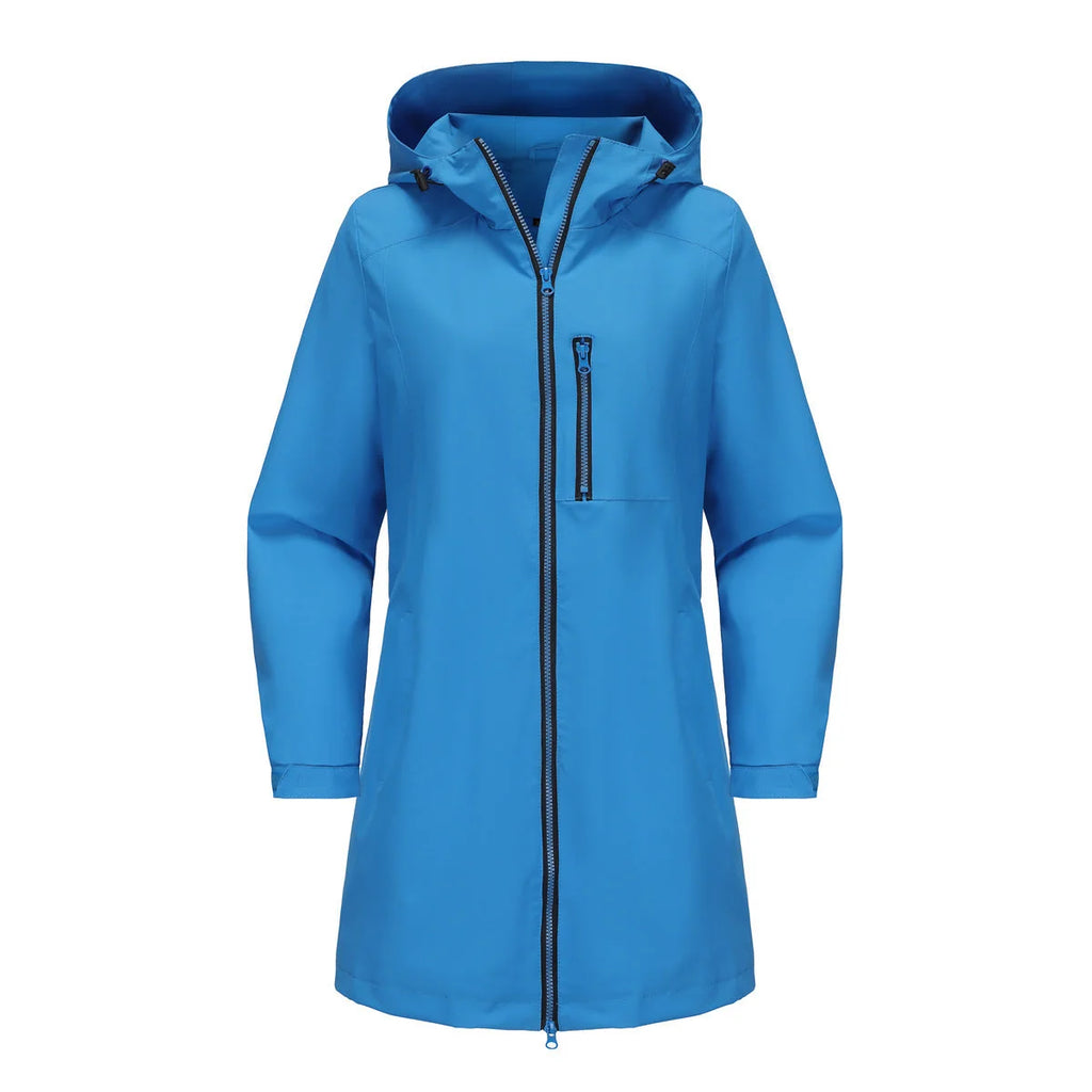 Blue Women's Raincoat with Hood — Aurora Water-Resistant Two-Way Zip Longline - Flat Lay