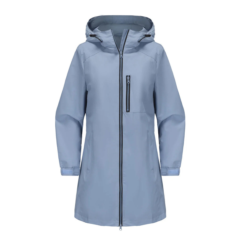 Gray Women's Raincoat with Hood — Aurora Water-Resistant Two-Way Zip Longline - Flat Lay Lightblue