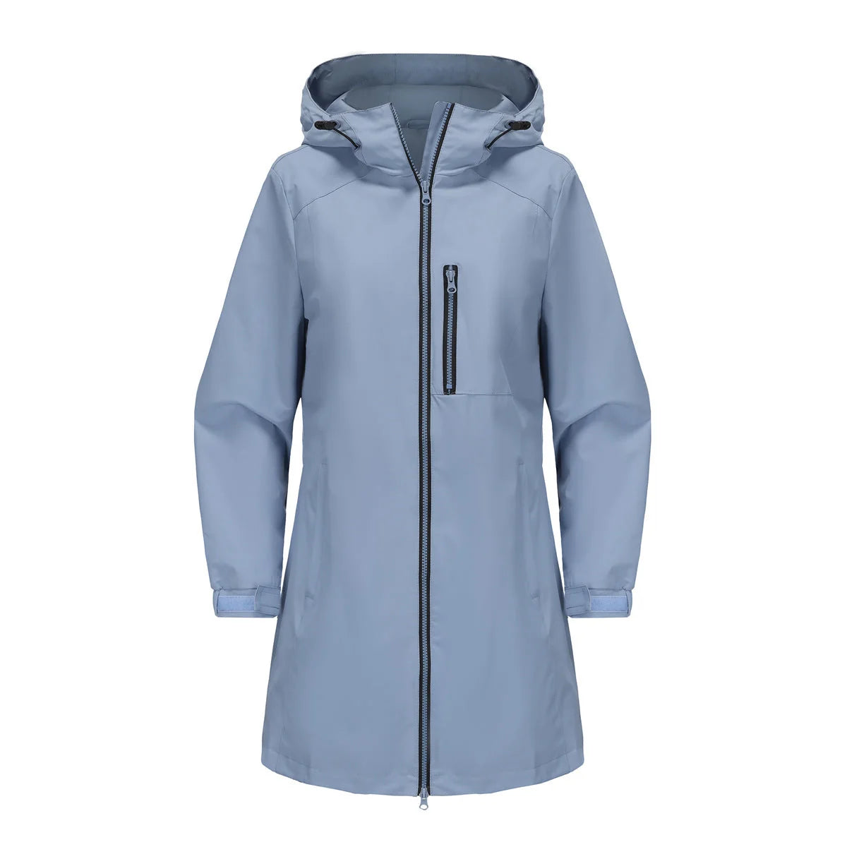 Gray Women's Raincoat with Hood — Aurora Water-Resistant Two-Way Zip Longline - Flat Lay Lightblue