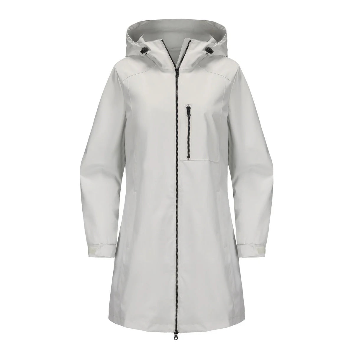Gray Women's Raincoat with Hood — Aurora Water-Resistant Two-Way Zip Longline - Flat Lay White
