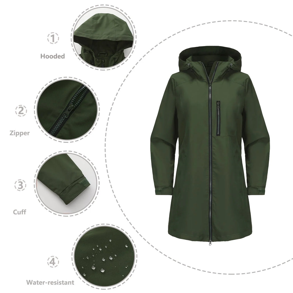 Green Women's Raincoat with Hood — Aurora Water-Resistant Two-Way Zip Longline - Detail Collage