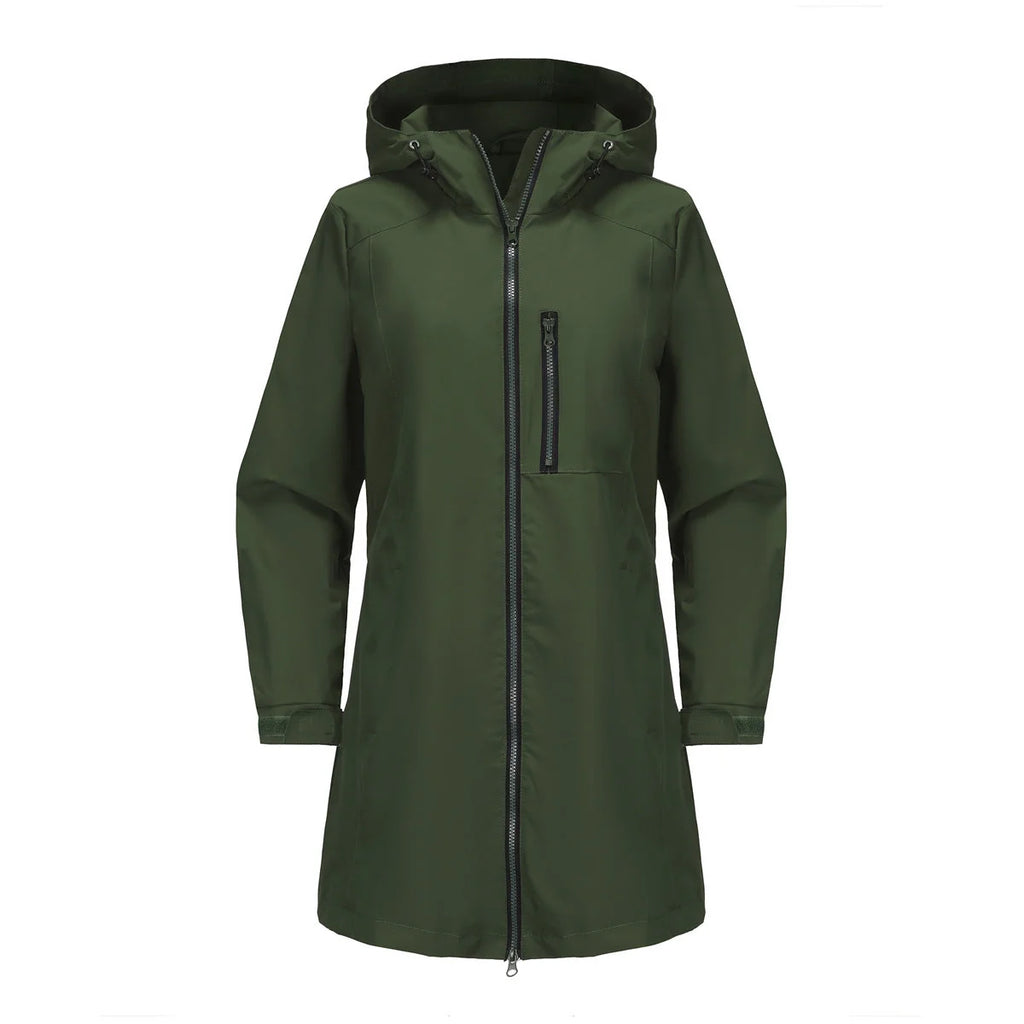 Green Women's Raincoat with Hood — Aurora Water-Resistant Two-Way Zip Longline - Flat Lay