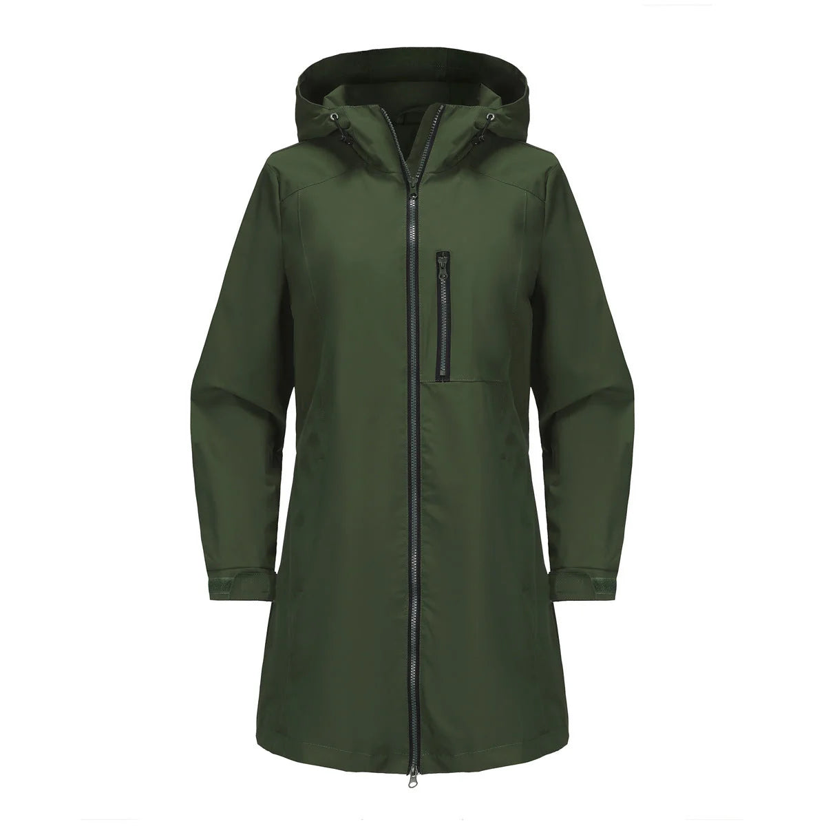 Green Women's Raincoat with Hood — Aurora Water-Resistant Two-Way Zip Longline - Flat Lay