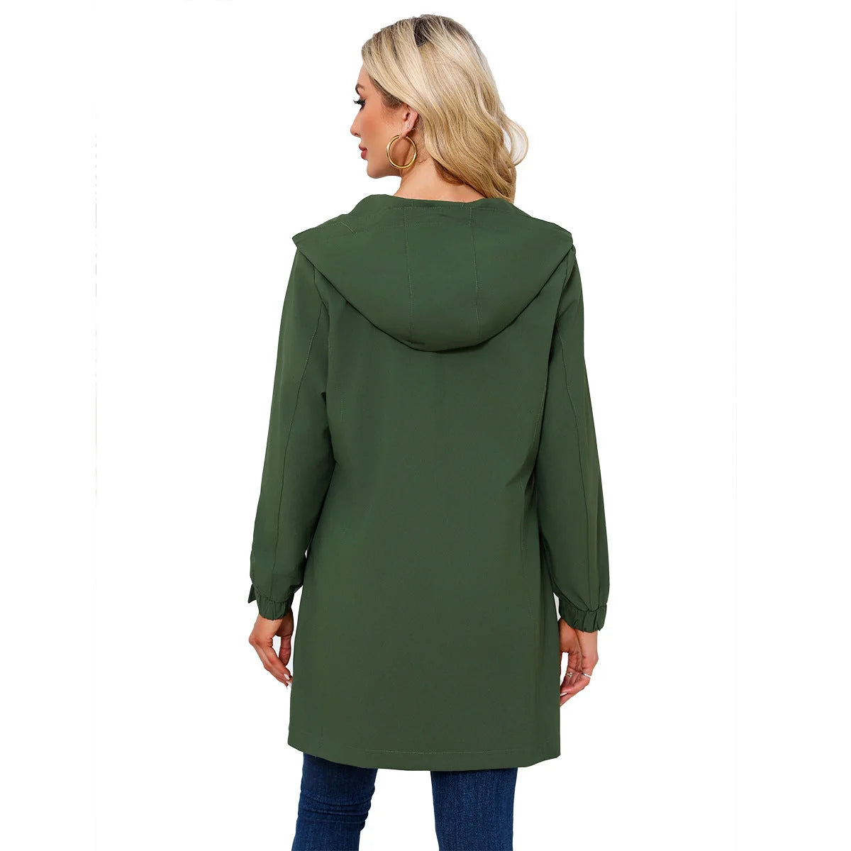 Green Women's Raincoat with Hood — Aurora Water-Resistant Two-Way Zip Longline - Model Back Pose