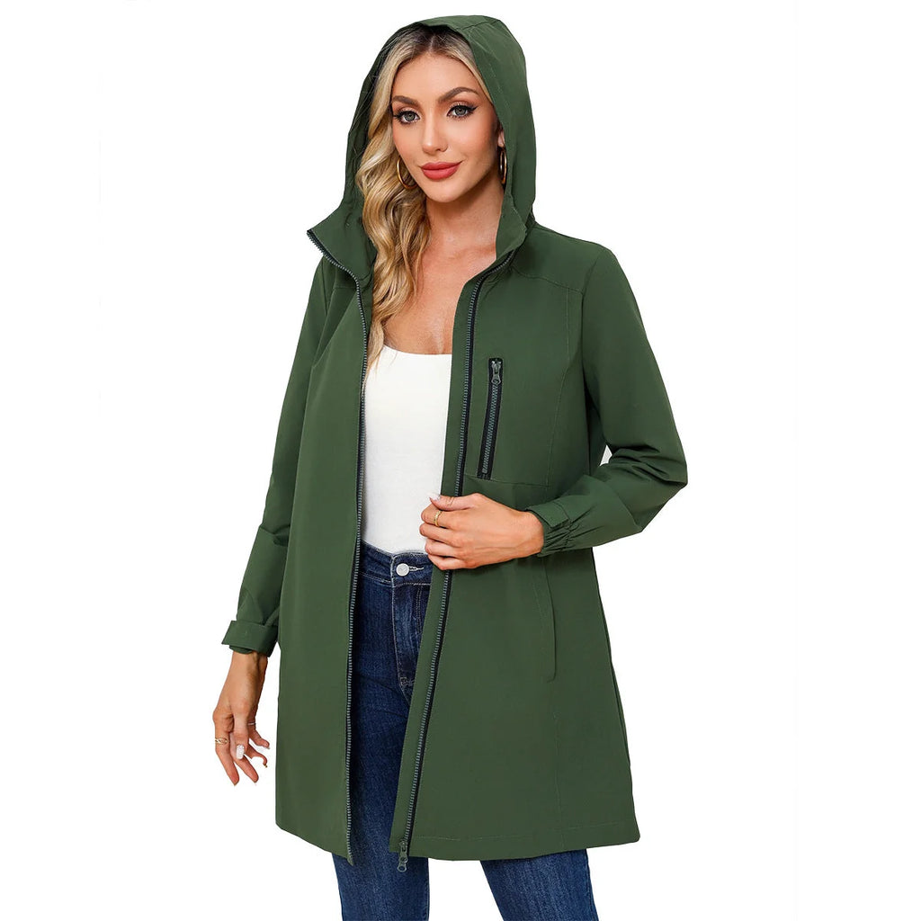 Green Women's Raincoat with Hood — Aurora Water-Resistant Two-Way Zip Longline - Model Front Closeup