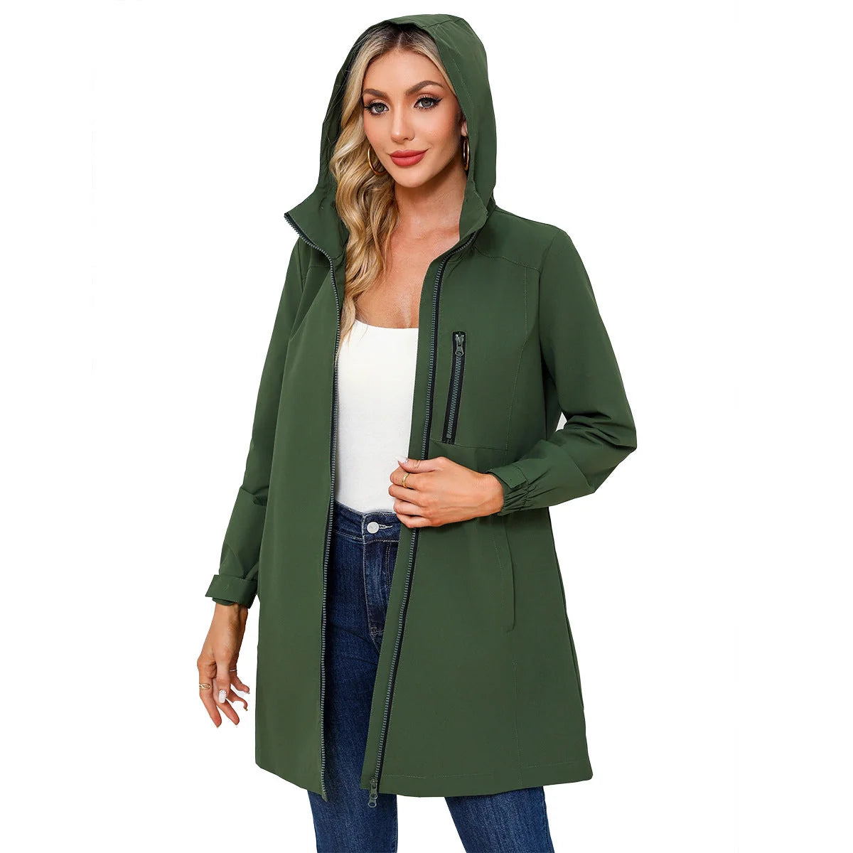 Green Women's Raincoat with Hood — Aurora Water-Resistant Two-Way Zip Longline - Model Front Closeup