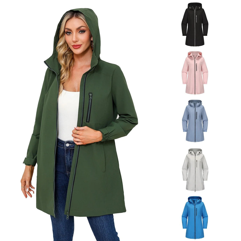 Green Women's Raincoat with Hood — Aurora Water-Resistant Two-Way Zip Longline - Model Front Pose