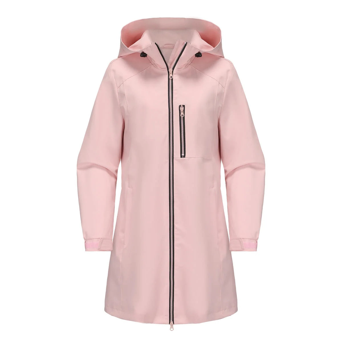 Pink Women's Raincoat with Hood — Aurora Water-Resistant Two-Way Zip Longline - Flat Lay