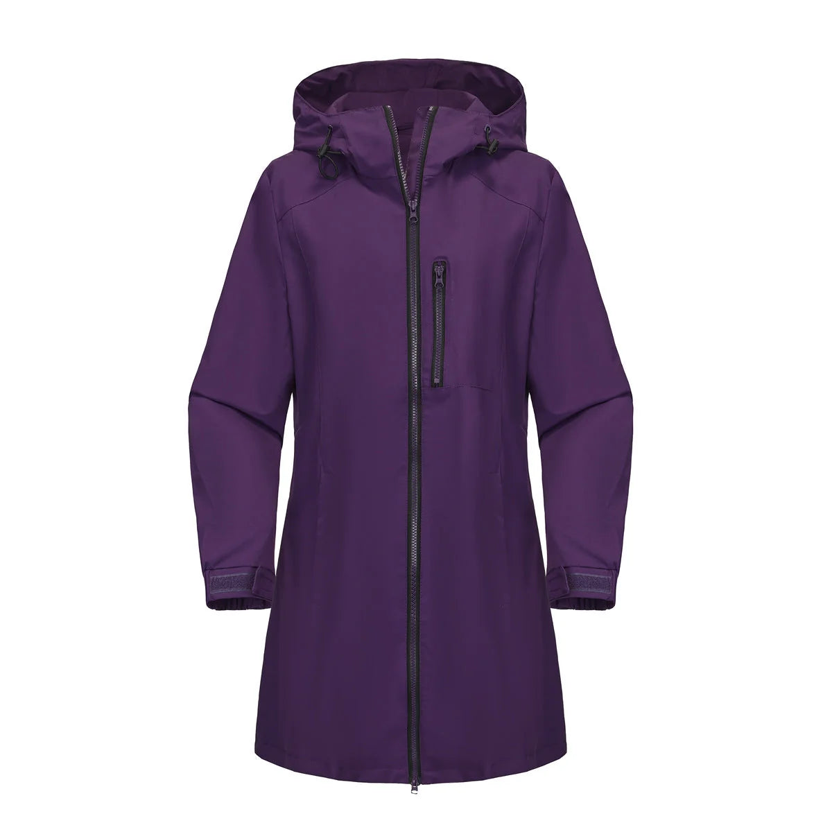 Purple Women's Raincoat with Hood — Aurora Water-Resistant Two-Way Zip Longline - Flat Lay