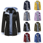 Black Women's Rain Jacket With Hood — Evelyn Lightweight Drawstring Waterproof - Front Open Collage