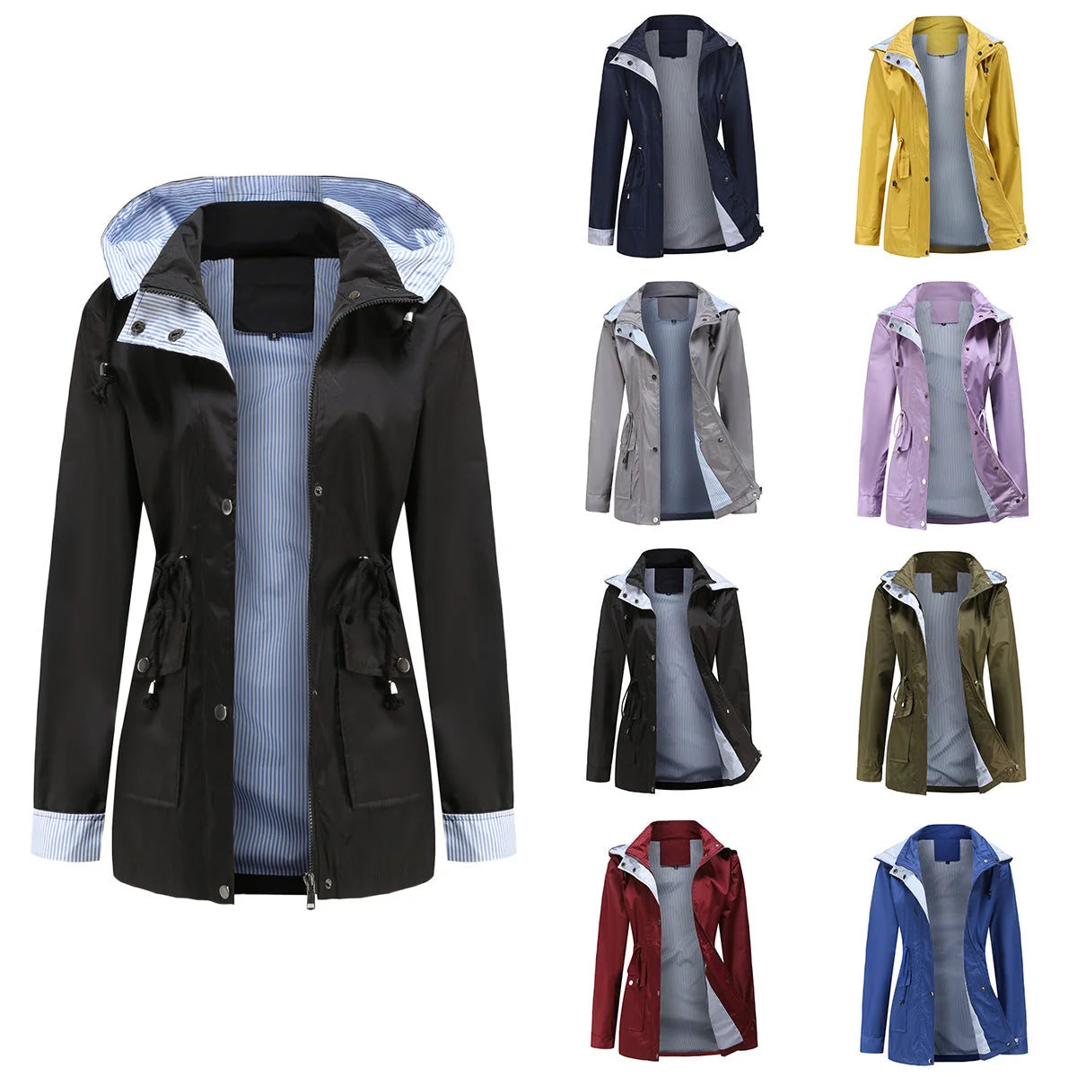 Black Women's Rain Jacket With Hood — Evelyn Lightweight Drawstring Waterproof - Front Open Collage