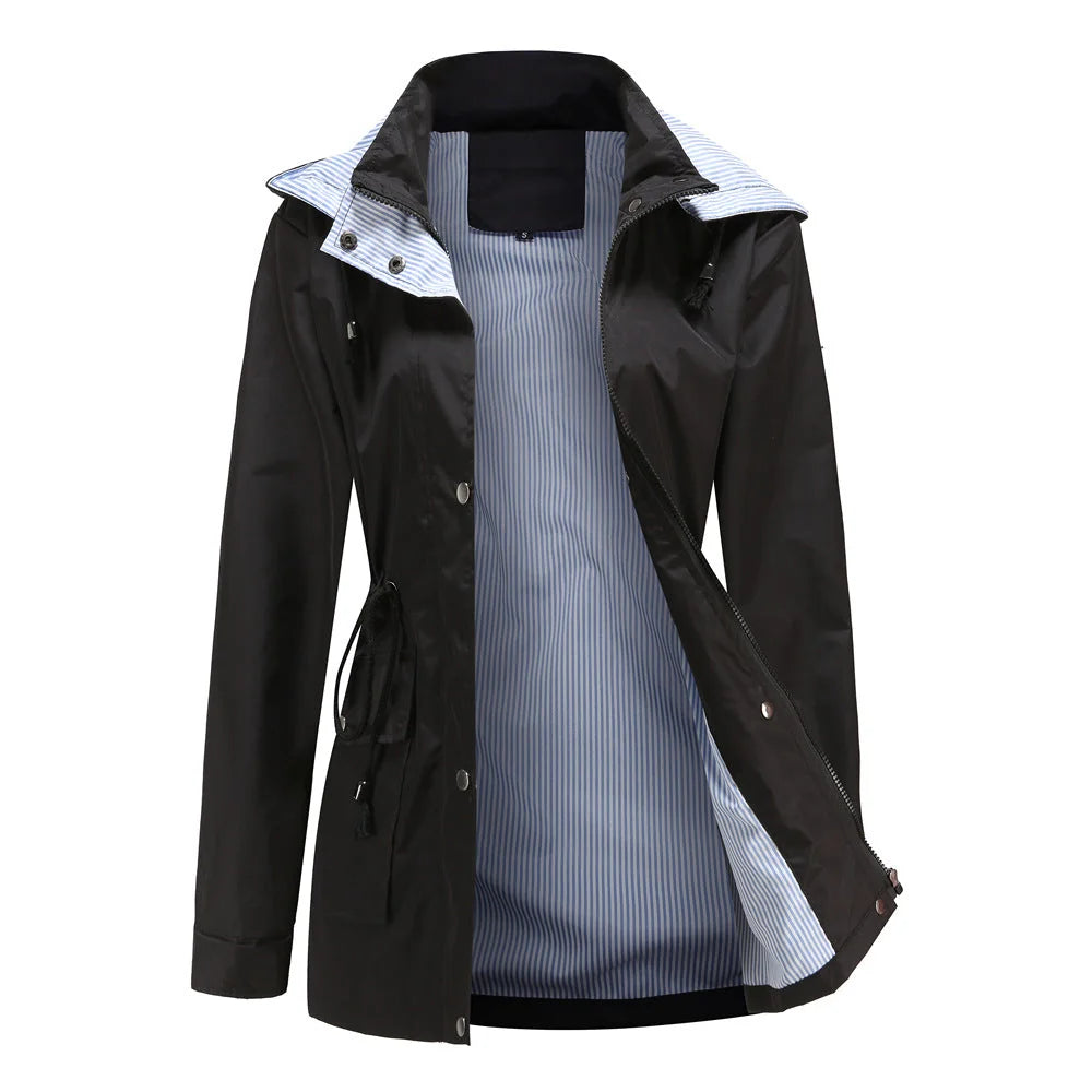Black Women's Rain Jacket With Hood — Evelyn Lightweight Drawstring Waterproof - Front Open