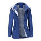 Blue Women's Rain Jacket With Hood — Evelyn Lightweight Drawstring Waterproof - Front Open