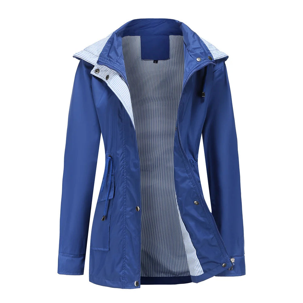 Blue Women's Rain Jacket With Hood — Evelyn Lightweight Drawstring Waterproof - Front Open