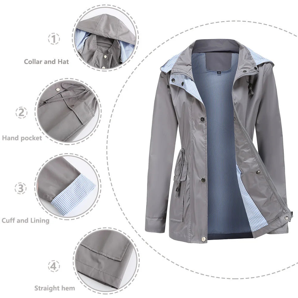 Gray Women's Rain Jacket With Hood — Evelyn Lightweight Drawstring Waterproof - Detail Callout